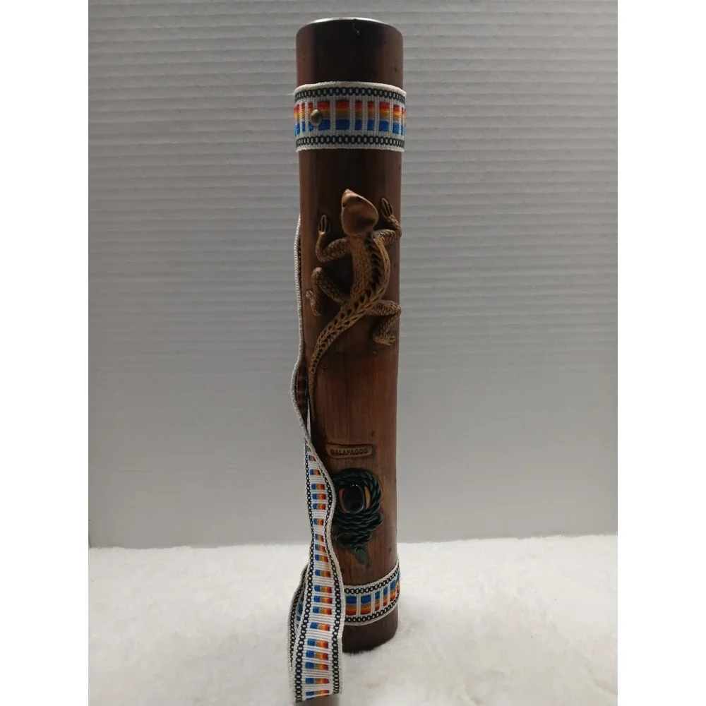 Vintage Hand Carved Bamboo Galapagos Lizard Rainstick Shaker Woven Strap